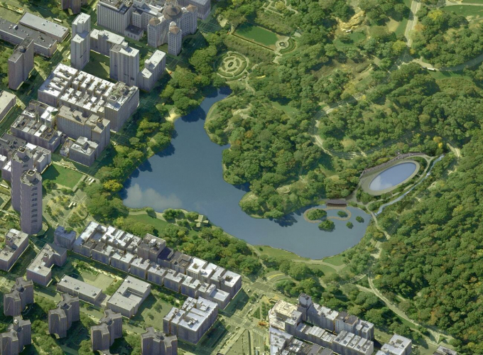 Aerial view of the future of Harlem Meer