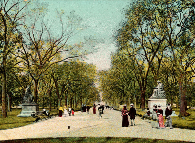 Literary Walk, featuring Scott, Burns, Shakespeare, and Halleck.