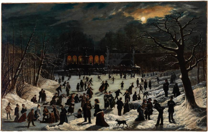 Oil painting of skaters under moonlight in 1878