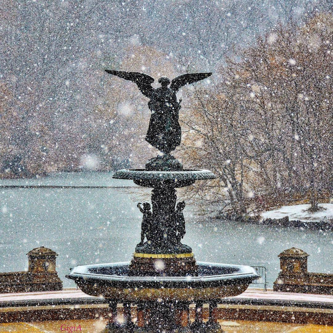 A snow-covered Bethesda Fountain