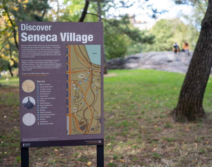The opening panel of the Seneca Village outdoor exhibit