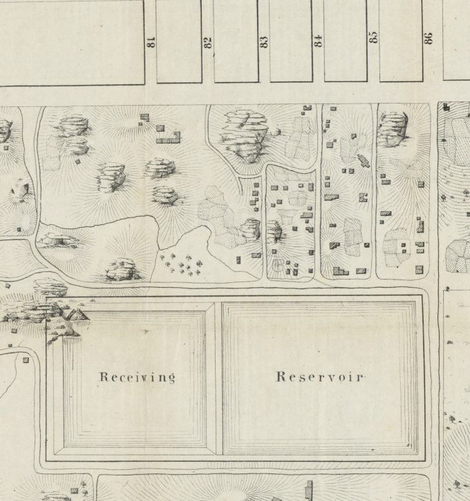 Map showing paths and houses, as well as reservoirs to the east