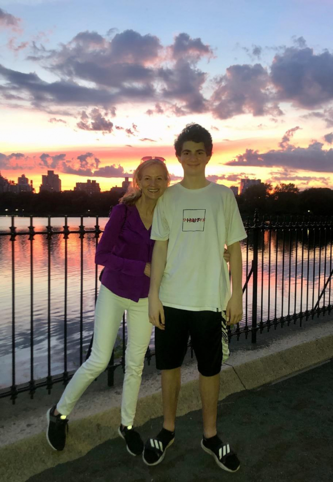 Mary Wittenberg and her son, Cary, at the Reservoir at Central Park