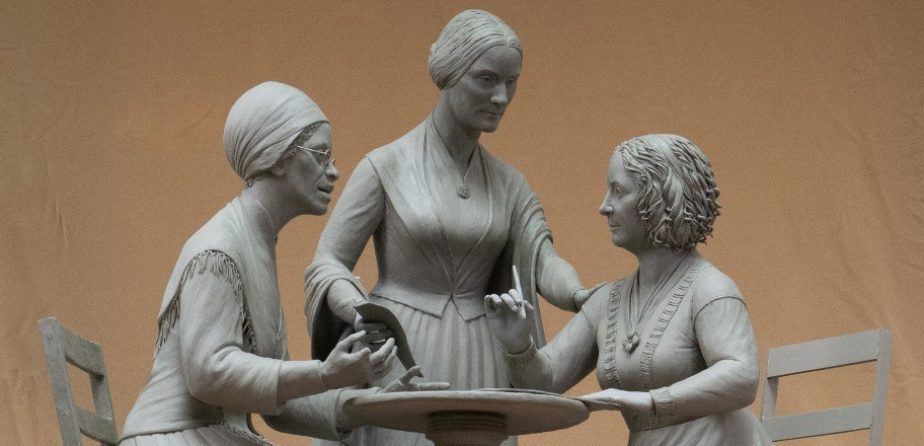 A model of the Women’s Rights Pioneers Monument, sculpted by Meredith Bergmann
